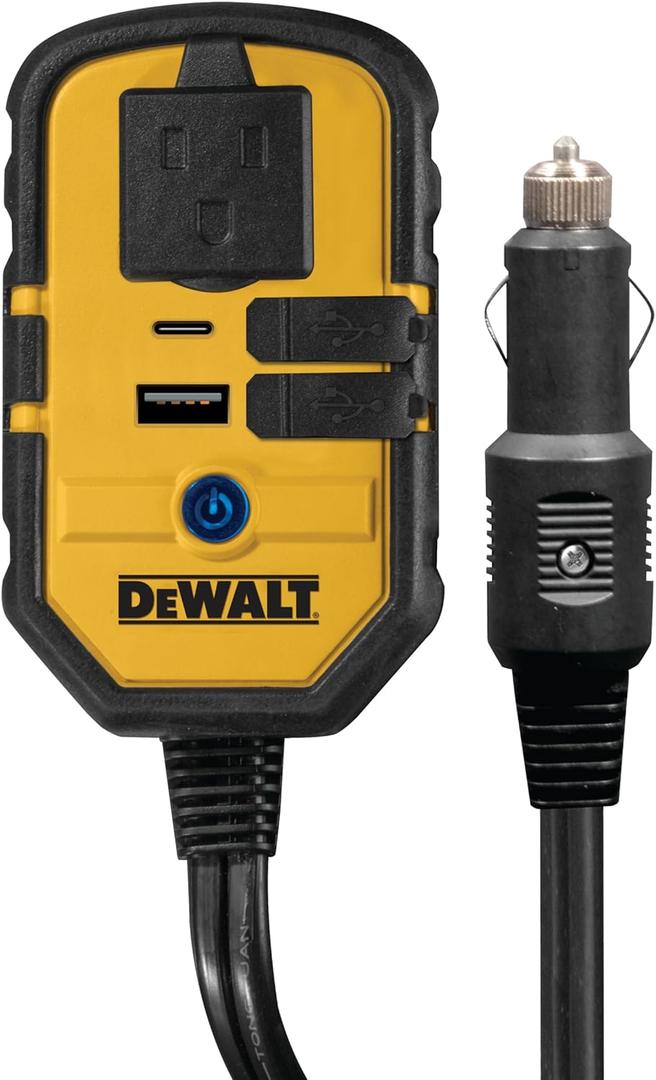 DEWALT DXAEPI140 Power Inverter 140W Car Converter: 12V DC to 120V AC Power Outlet with 25W USB Type C and 15W USB Type A Ports DEWALT DXAEPI140 Power Inverter 140W Car Converter: 12V DC to 120V AC Power Outlet with 25W USB Type C and 15W USB Type A Ports