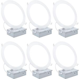 7" Ultra-Thin LED Recessed Ceiling Light with Junction Box, 6000K Cool White 18W LED Panel Can Light 1500LM High Brightness Easy Installation (6 Pack)