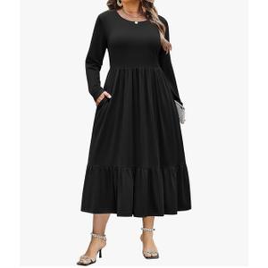 Women Plus Size Long Sleeve Dress Loose Casual Flowy Tiered Long Maxi Dresses with Pockets, 2XL