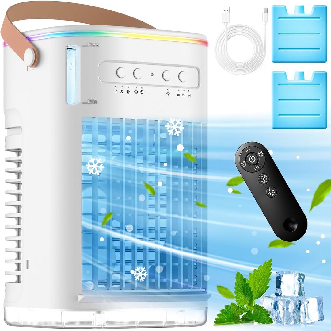 FANCOLE 4-IN-1 Small Air Conditioner w/ 2 Ice Packs, 16.5ft Remote, 1200ML Tank, 7H Smart Timer, 3Speed & 2Cool Mist Personal Air Conditioner, 7-Color Light Portable AC Unit for Bedroom Cover 100Sq.ft