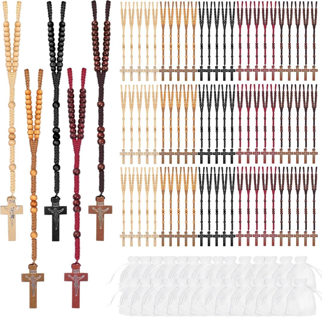 80 Sets Wooden Rosary Beads Bulk Wood Catholic Rosaries Jesus Holy Cross First Communion Wood Carved Rosary with Organza Bags Religious Rosaries Catholic Baptism Church Present for Men Women Supplies