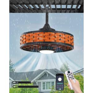 Outdoor Ceiling Fans with Light for Patios, 20" Weatherproof Gazebo Fan with Hanging Hook, Remote Control & APP, 6 Speeds, 3CCT, Caged Plug in Ceiling Fan for Patio