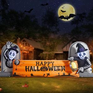 DomKom 10FT Large Halloween Inflatable Decorations Skeleton Tombstone Banner, Build-in LED Lights Holiday Blow Up Yard Decoration for Halloween Holiday Party OutdoorGarden Yard Lawn Decor