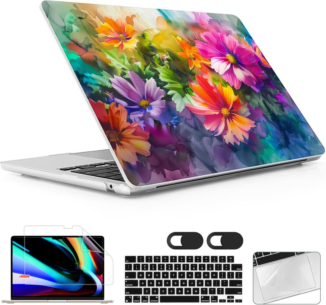 for MacBook Air 15 inch Case 2023 2024 2025 Release A3241 M4 A3114 M3 A2941 M2 with Liquid Retina Display & Touch ID, Hard Shell with Screen Protector & Webcam Cover, Multicolored Flowers for MacBook Air 15 inch Case 2023 2024 2025 Release A3241 M4 A3114 M3 A2941 M2 with Liquid Retina Display & Touch ID, Hard Shell with Screen Protector & Webcam Cover, Multicolored Flowers