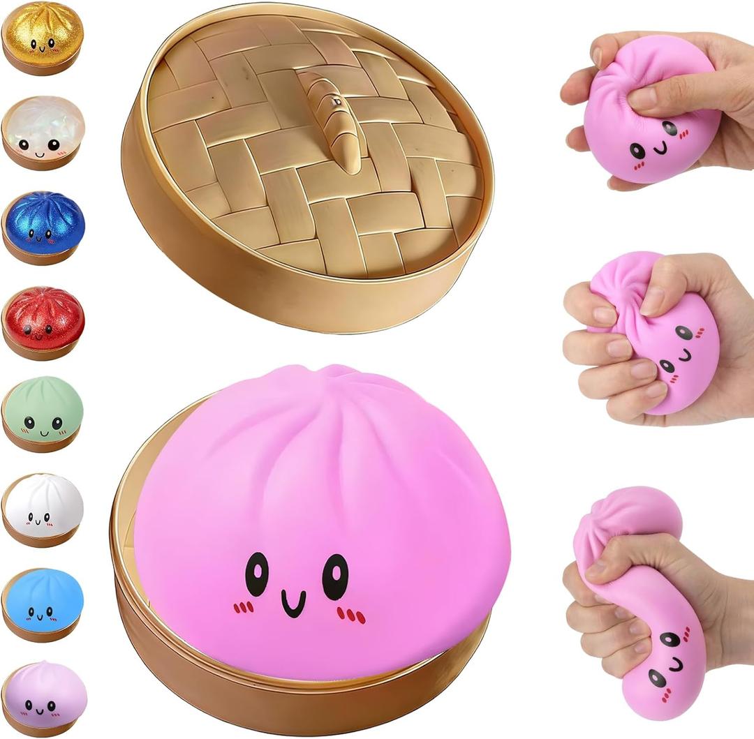 Glitter Dumpling Squishy,Dumpling Squishies,Glitter Dumpling Mystery Box,Colorful Dumpling Stress Balls Fidget,Jumbo Squishy Toy with Steamer Box,Soft Squeeze Decompression Dough (Pink)