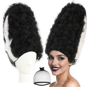 Hair Cap+Monster Bride Wig for Women Black White Beehive Wig Fluffy Curly Hair Black White Gothic Outfit Monster Bride Cosplay Costume Synthetic Beehive Outfit for Theme Party Halloween Cosplay