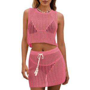 Fisoew Womens 2 Piece Crochet Sets Sleeveless Crop Tops Cover Up Beach Mini Skirt Outfits Vacation Sets, S