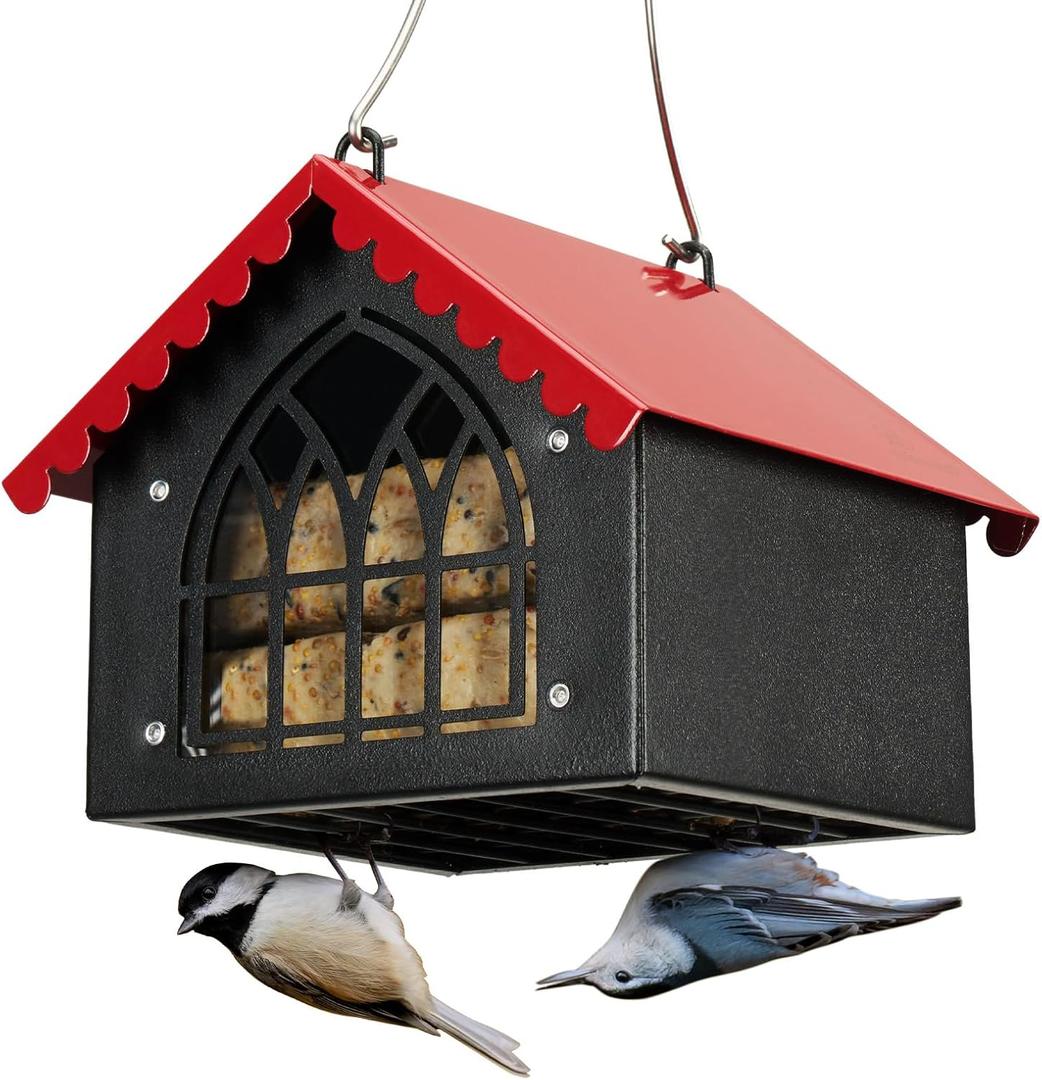Kingsyard Double Upside Down Suet Feeder with Weatherproof Roof, All Metal Suet Feeders for Outdoors Hanging, Great for Downy Woodpecker Nuthatch Chickadee, Red