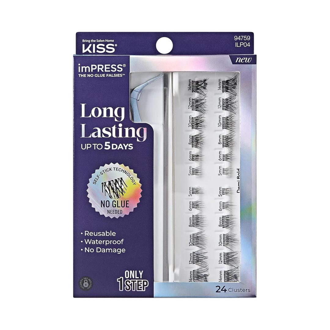 KISS imPRESS Falsies Long Lasting Self Adhesive Eyelashes, Demi Bold, 5 Day Extended Wear, 24 Medium Volume Lash Clusters (5,6,8,10,12, & 14mm), Precision Non-Stick Applicator