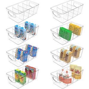 SPACEKEEPER Pantry Organization and Storage Bins 8 Pack Clear Storage Organizer Bins with Removable Dividers, Refrigerator Containers Multi-Use for Kitchen, Cabinet, Countertops