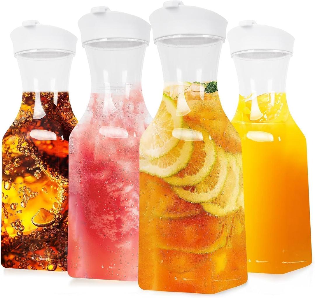 Set of 4 Plastic Carafe with Lid, 1 Liter Mimosa Bar Supplies, Large Square Base Juice Containers, Water Bottle, Milk Container, Clear Beverage Containers for Fridge 