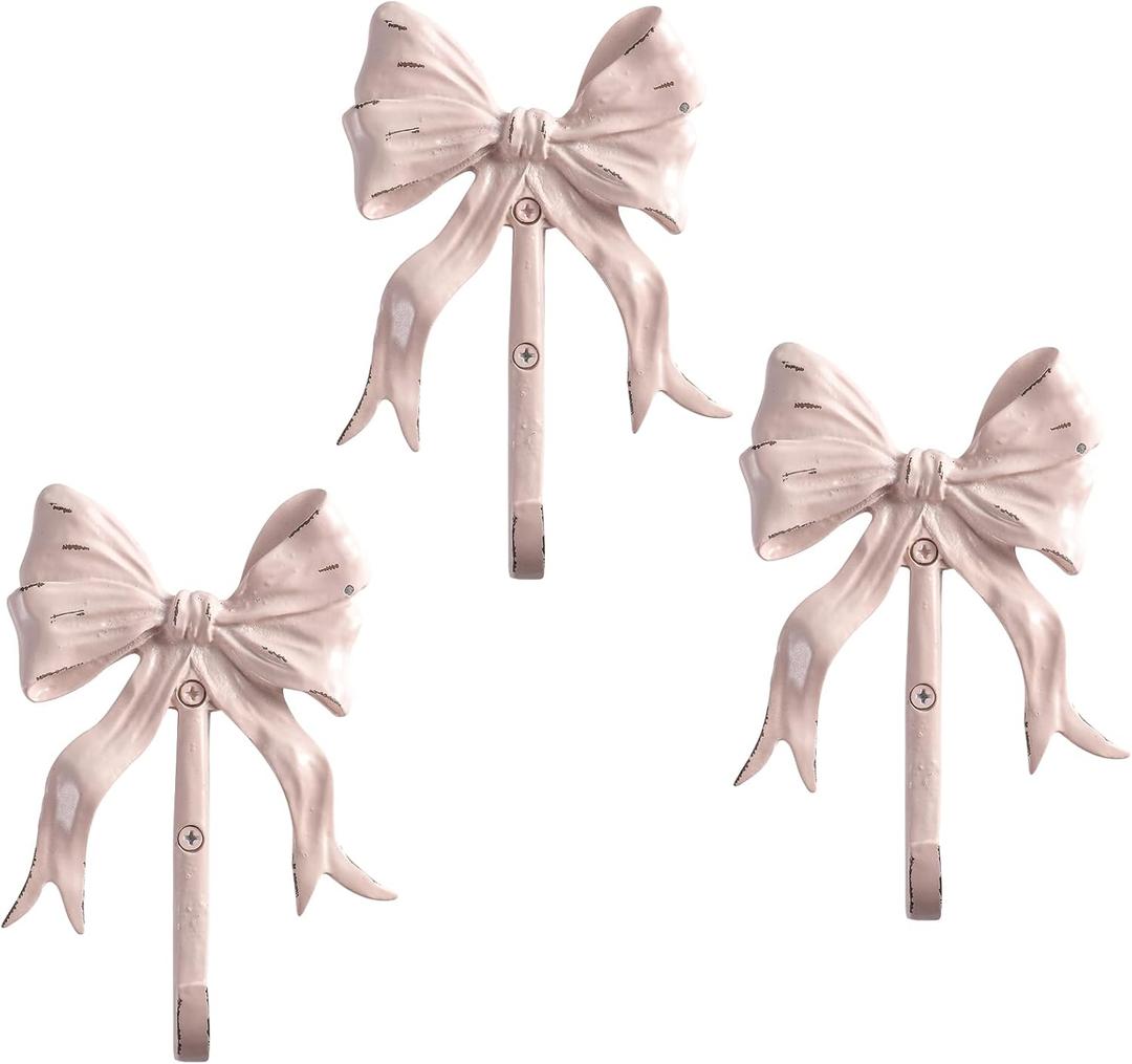Large Pink Bow Wall Hooks Set of 3, Shabby Chic Vintage Coat Hooks, Decorative Wall Hooks for Bag, Towel and Hat
