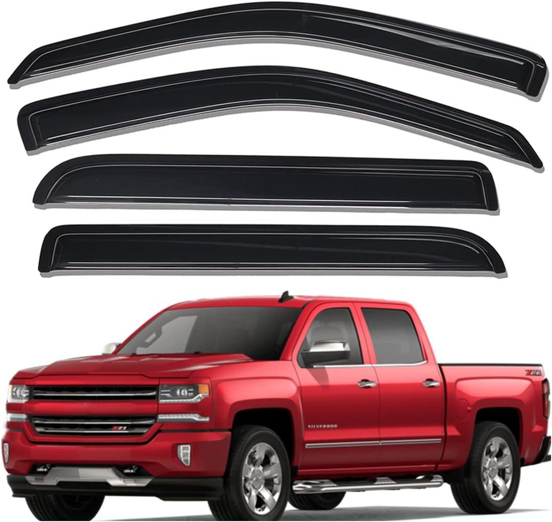 Lightronic Extra Durable Tape-on Auto Vent Window Visor, Fit 2014-2018 Chevrolet Silverado & GMC Sierra 1500; 2015-2019 Silverado/Sierra 2500 HD & 3500 HD; Crew Cab, UV-Protect Rain Guard, Smoke, 4Pcs (Outside Mount)
