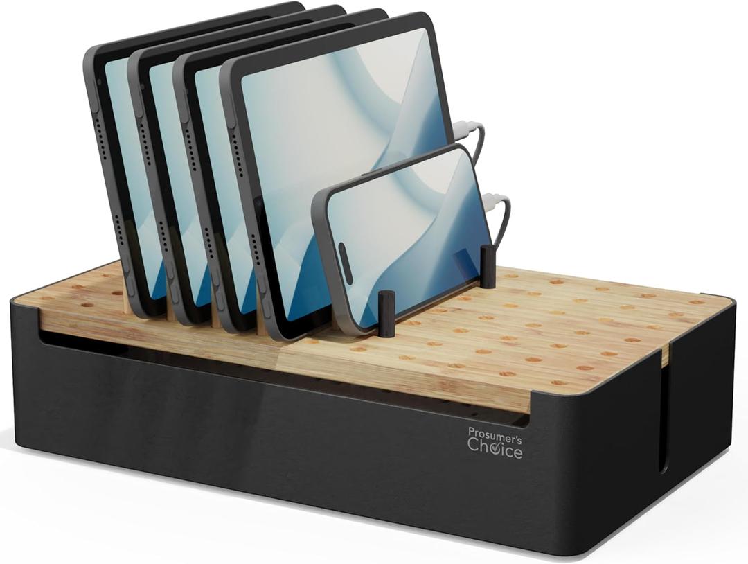 Prosumer's Choice Black Wooden Charging Station Organizer for Multiple Devices - Cable Management Box with 5 Slots and Removable Dividers - Charger Organizer for Phone, Tablet, Home, Office, 12"x6"x7" (Metal & Bamboo Black)