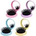 cobee 4 Pcs Folding Travel Hair Brushes with Mirror, Compact Folding Pocket Mirror Combs Round Hair Massage Comb Colourful Mini Mirrors Comb for Women(Yellow, Blue, Purple, Pink)