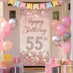 55th Birthday Door Cover 71x35 Inch Elegant Rose Gold Glitter Happy Birthday Banner for Women Sparkling Diamond Number Fifty-Fifth Milestone Celebration Party Photo Booth Prop Wall Decor