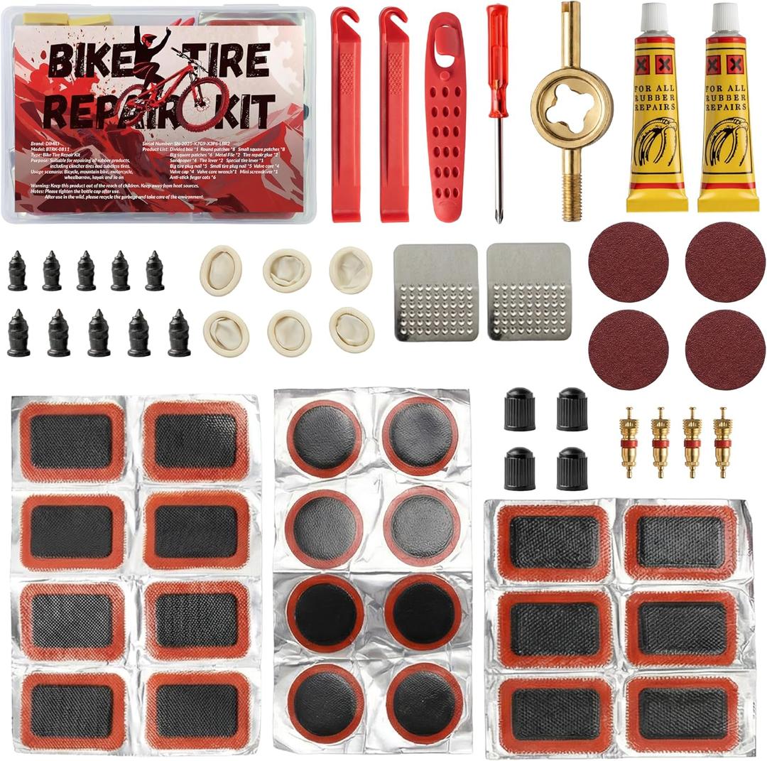 60Pics Bike Tire Repair Kit,Bicycle Inner Tube Patch Kit with Patches and Tire Levers ,Tubeless Tire Repair Rubber Nail with Box and Screwdriver,Convenient Kit for Mountain or Road Bike, Motorcycle