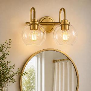 Gold Vanity Light – 2 Light Bathroom Fixture with Clear Glass Shades, Modern Wall Sconce for Mirror, Vanity Lighting for Bathroom Bedroom Hallway Living Room