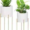 Sinolodo Modern Planter for Indoor Plants Pack of 2, White Plant Pots with Gold Stand, Mid Century Round Flower Vase Container for Living Room, Porch, Office(8''&7'' Pot, White & Gold)