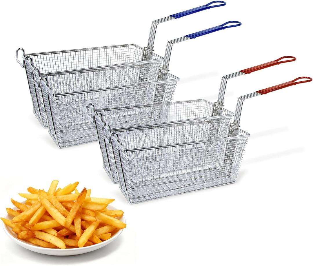 CLIVIA Deep Fryer Basket Only, 4 Pack Commercial Fry Baskets with Handle and Front Hooks, 13" x 6" x 6" Frying Basket for Natural Gas Liquid Propane Deep Fryer