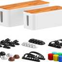 Cable Management Box 2 Pack with 16 Cable Clips Set-Large & Medium & Small Wooden Style Cable Organizer Box to Hide Wires&Power Strips | Cord Organizer Box | Cable Organizer for Home & Office [White]