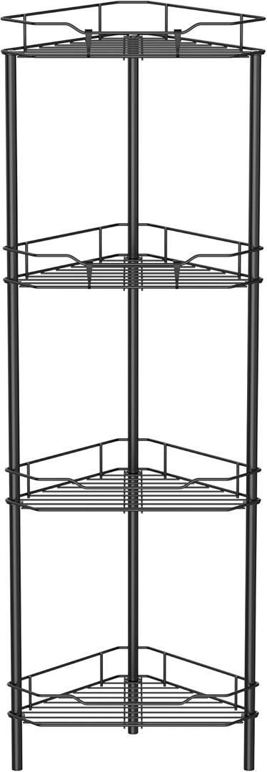 HuggieGems 4 Tier Floor Standing Corner Shower Caddy Organizer Shelf with Hooks, Bathroom Shelves Stand Rack, Black