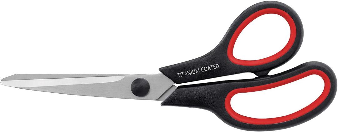 Scissors 8" Multipurpose Right/Left Handed Titanium Coated Sturdy Sharp Scissors for Office Home School Students (Black W Red)