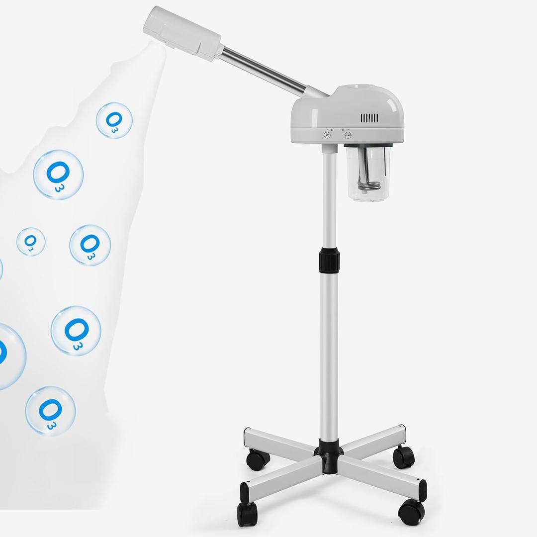Stand Professional Ozone Facial Steamer with Touch Control, Adjustable Height & Rolling Base, 360 Rotatable Nozzle, Hot Mist Function, Use for Home, Salon SPA (White)