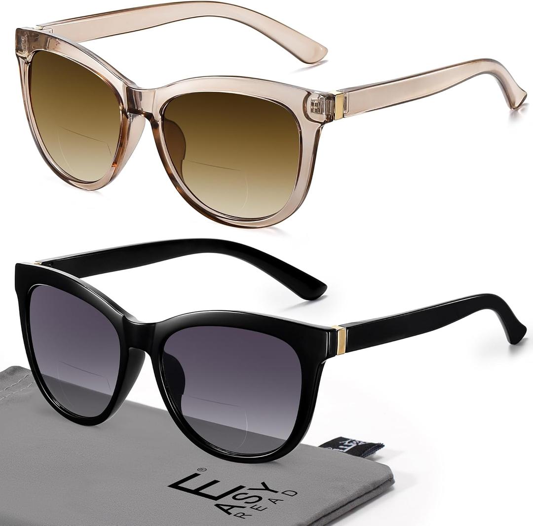 EASY READ 2 Pack Cateye Bifocal Reading Sunglasses for Women,Fashion Outdoor Sun Readers UV Protection(Magnification 1.25, Black/Brown)