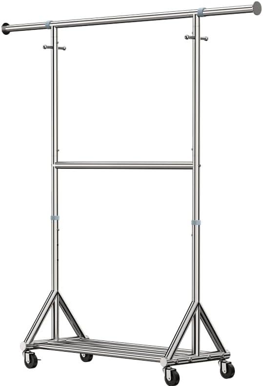 Heavy Duty Rolling Clothes Rack with Double Rods for Hanging Clothes, Adjustable & Extendable Metal Clothing Rack, Garment Rack With Wheels Shelf, Sturdy Freestanding Closet Rack, 100% Stainless Steel (Chrome)