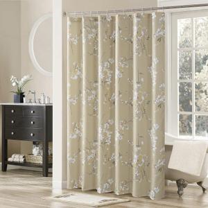 Silk Flowers Gold Fabric Plum Blossom Taupe Printed Floral Shower Curtain,Farmhouse Waterproof Yellow Polyester Tan Bathroom Curtains,72" W x 72" H