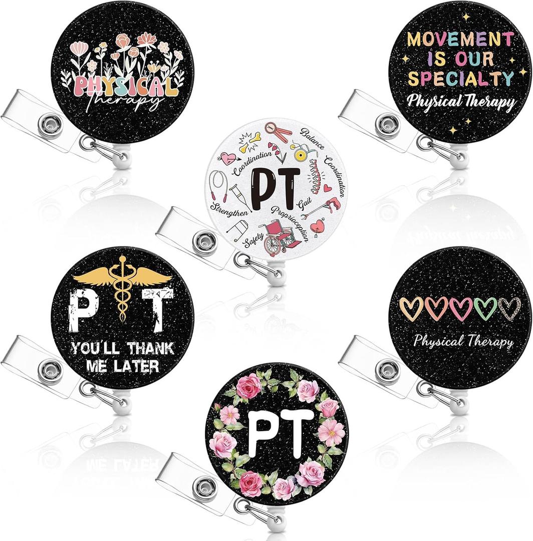 Hoteam 6 Pcs Physical Therapy Gifts Surgical Tech Week Gifts Black Physical Therapist Badge Reels Retractable with Alligator Clip Holders Healthcare Badge Reel Clip for Doctor Nurse Pt Assistant