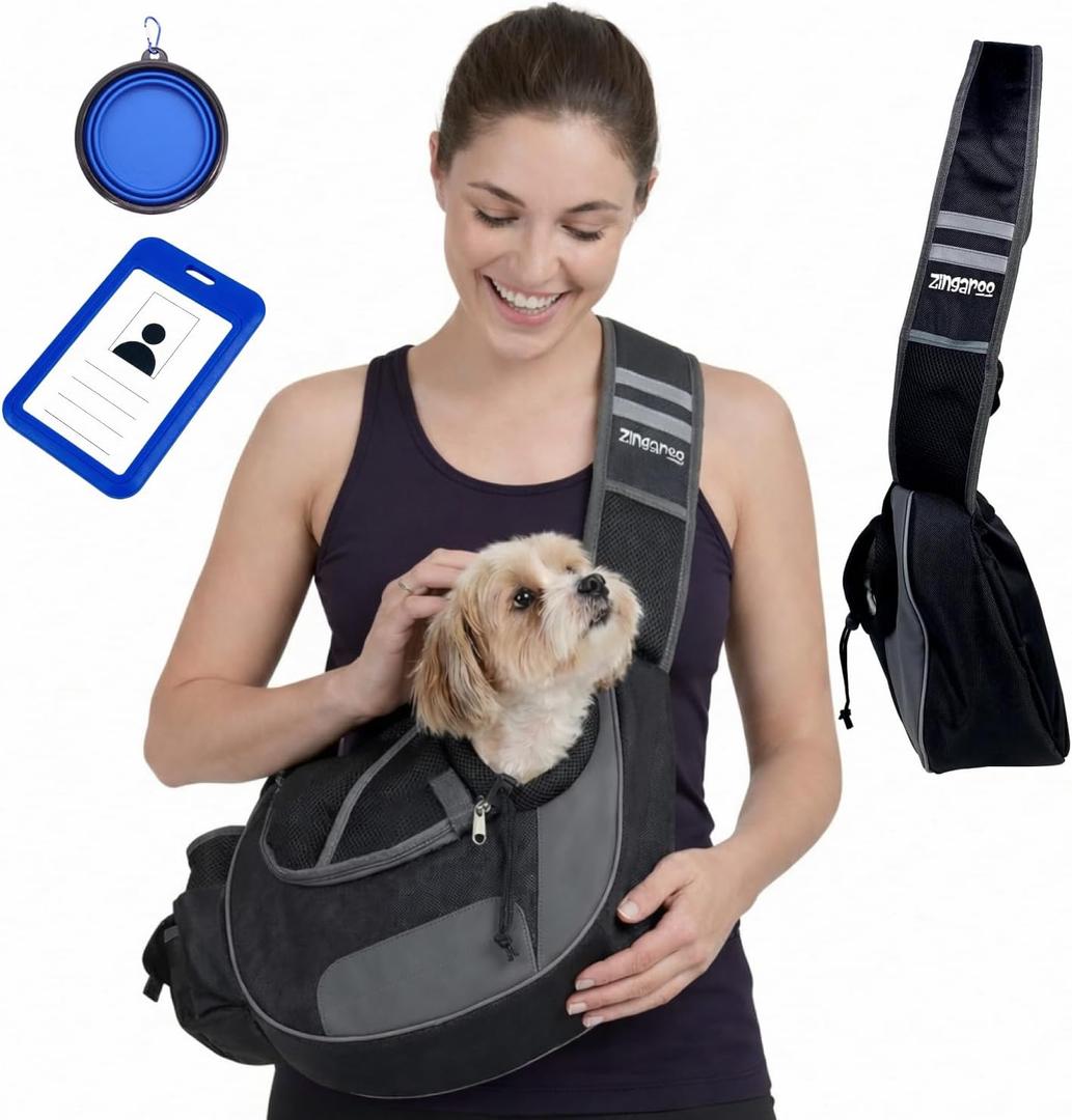 Hands-Free Sling Pet Carrier for Cats and Small Dogs up to 10lbs  Travel Set Includes Foldable Water Bowl & ID Card  Breathable Mesh, Safety Hook & Adjustable Padded Strap for Walking & Travel (Black)