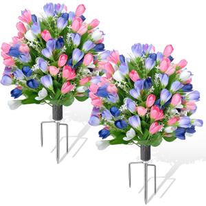 QCQHDU Artificial Tulip Flower Topiary Ball Bush for Outdoor,24.8" Fake Tree Evergreen Plant with Ground Spike,UV Resistant Faux Shrubs for Indoor,Garden,Yard,Porch,Patio,Office Decor,2 Pack