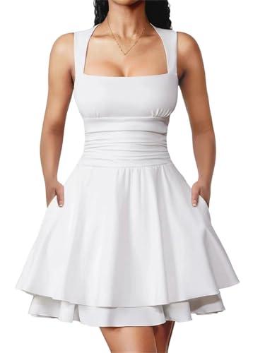 Women’S Sleeveless High Waist Square Neck A-Line Mini Dress White Small