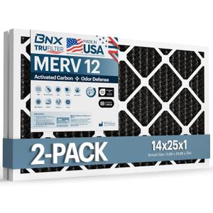 BNX TruFilter 14x25x1 MERV 12 Odor Defense (2-Pack) AC Furnace Air Filter with Activated Carbon - MADE IN USA - Pleated Air Conditioner HVAC AC Furnace Filters - Removes Odor, Mold, Bacteria, Smoke