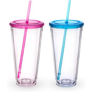 Zukro Clear Acrylic Tumbler with Straw and Lid 32 oz, Double Walled Insulated Reusable Plastic Iced Coffee Cup, To Go Cup Perfect for Parties, Birthdays, Fit in Cupholder, BPA Free, Red & Blue 2 Pack