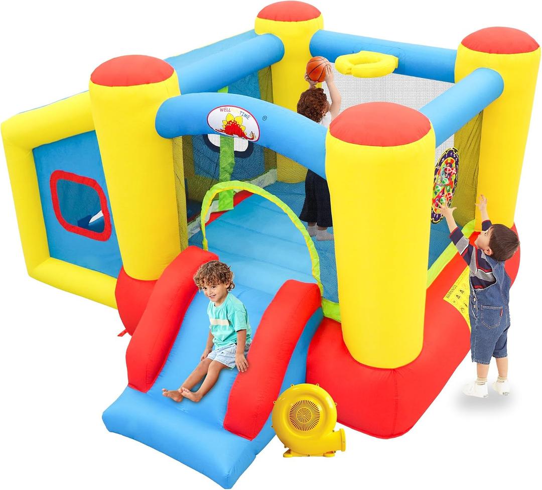 WELLFUNTIME Inflatable Bounce House with Blower, Bouncy Castle & Jumping Castle Slide, Kids Bouncer with Ball Pit, Basketball Rim, Dart Target Game