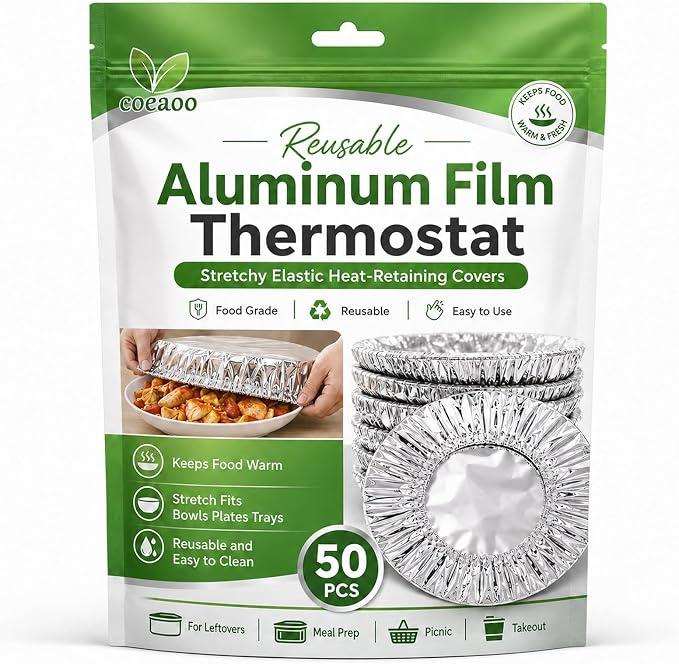 Reusable Aluminum Foil Food Covers, 50 Pcs Heat-Retaining Elastic Bowl Lids, Thickened Insulation Cover for Meal Prep, BBQ, Sandwich Wrap & Leftover Storage – Oil-Resistant & Stretchable