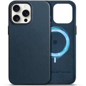 SHIELDON Genuine Leather Case for iPhone 15 Pro Max 6.7", Magnetic Wireless Charging Non-Slip Microfiber Lining Anti-Scratch Shockproof Protective Case Compatible with iPhone 15 Pro Max - Navy Blue