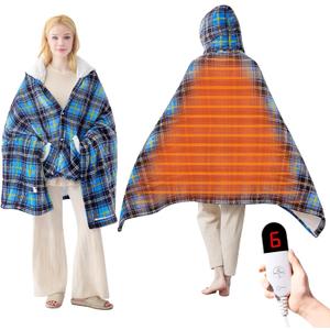 Electric Blanket Wearable Heated Shawl with Hood & Pockets  6 Heat Settings, 4H Auto-Off, Flannel & Sherpa Reversible, Cozy Plaid Heated Throw Blanket for Home, Couch, or Gift, 40"x70", Blue