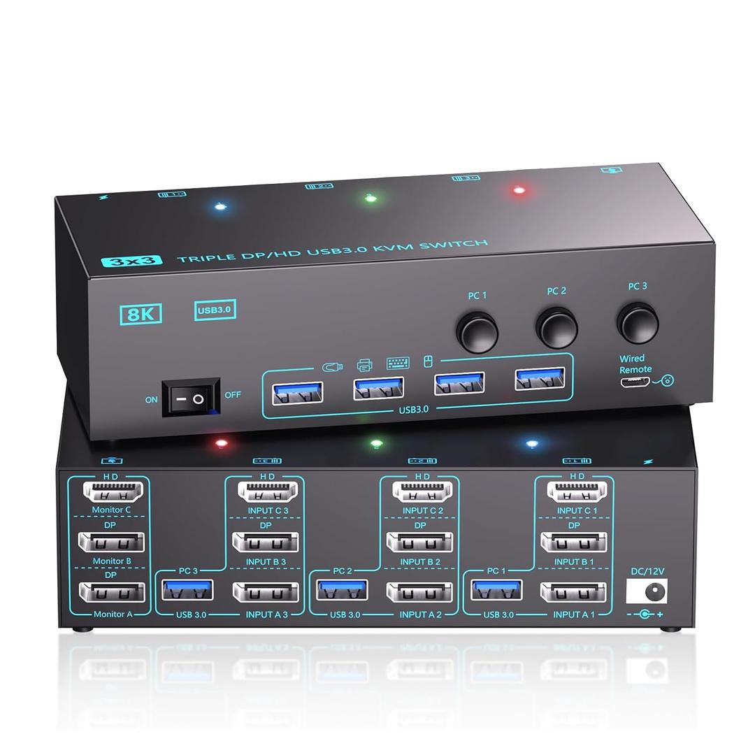 KVM Switch 3 Monitors 2 Computers, Reyoten 8K60Hz KVM Switches,3 Monitors 2 Computers HDMI DP Switch, 4K144Hz Switch for 2 PCs Share Monitor Keyboard Mouse Printer with 2 USB Cables, Power Adapter,two ports work 1 don't probably the USB couldn't test