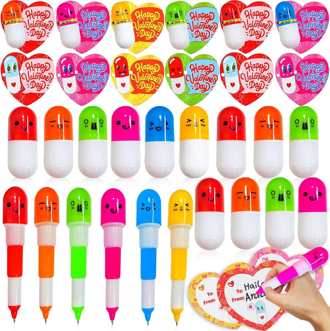 28 Pack Valentines Day Gifts for Kids Classroom with Retractable Pens, Valentines Day Cards for Kids School Class Prizes Valentine Classroom Exchange Gift Boys Girls Valentine Stationery Party Favors