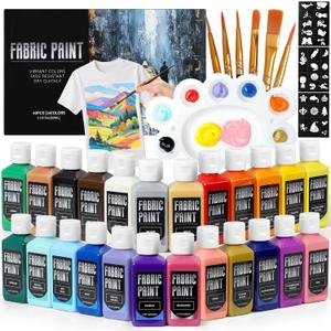Fabric Paint Set - Permanent & Washer Safe, 24 Vibrant Colors, in Bottles (60ml/2oz), Non-Toxic Certified Fabric Paint with Brushes & Stencils, Textile Paint for Clothes, DIY Projects & Art