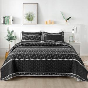 Andency Black King Size Quilt Set, 3 Pieces Boho Lightweight Soft Striped Bedspread for All Season (106"x96"), Printed Bohemian Polyester Reversible Coverlet Comforter Sets