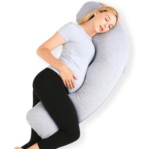 Momcozy Pregnancy Pillows for Side Sleeping, J Shaped Maternity Body Pillow for Pregnancy, Soft Pregnancy Pillow with Jersey Cover for Head Neck Belly Support, Grey, 1 Count
