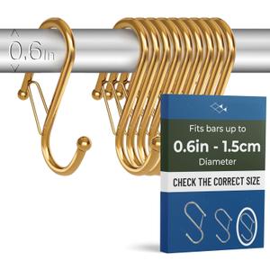 10-Pack Metal S Hooks for Hanging  Heavy-Duty S-Shaped Hooks with Safety Buckle  Fits Bars up to 0.6 In  Anti-Drop Hook for Kitchen, Pot Racks & Towel Bars  Gold (Small)