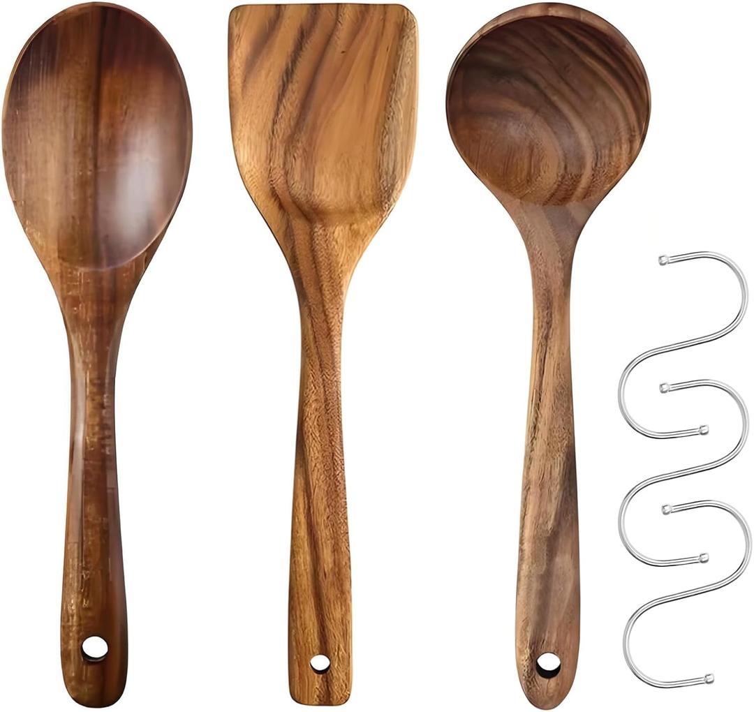 Wooden Kitchen Utensil Set, 100% Natural Teak Kitchen Utensils, Spatula, Soup Spoon, Salad Spoon, Wooden Cooking Utensils Set with S Hooks, Wood Spoons For Cooking (3 Packs)