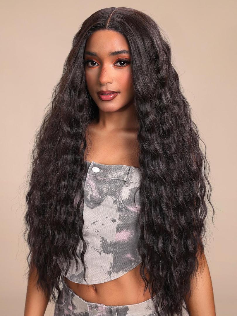 GORGIUS Glueless Water Wave Lace Front Wig Pre Plucked Pre Cut Long Black Synthetic Wig Natural Hairline 32 Inch
