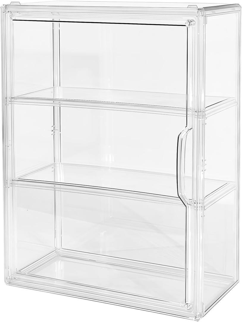 3 Tier Clear Acrylic Display Case for Figures, Wall-Mounted or Desktop Organizer, Stackable Showcase Cabinet with Magnetic Door, Removable Dividers, Dustproof for Collectibles, Dolls & Blind Box